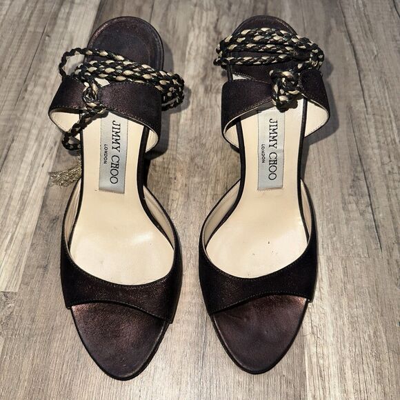 Jimmy Choo Women’s Lace Up Stiletto Heels Brown Gold Chain Accent Size 36.5 - Picture 4 of 6